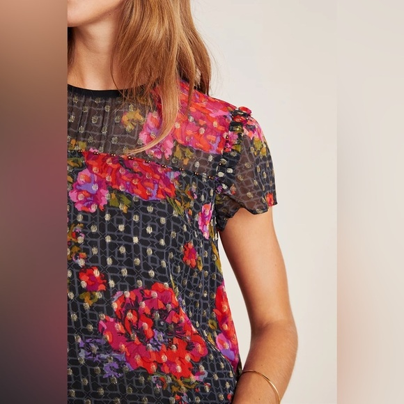 Anthropologie Floral Metallic Polka Dot Ruffle Sleeve Blouse Size 4 Small - Picture 2 of 8